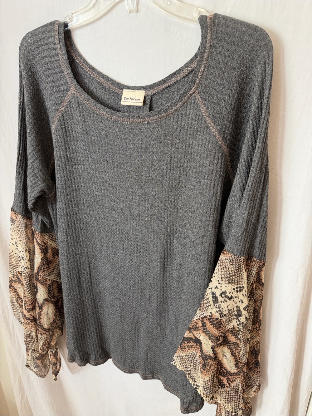 Snakeskin Bell Sleeve Waffle Knit Top Three Bird Nest M